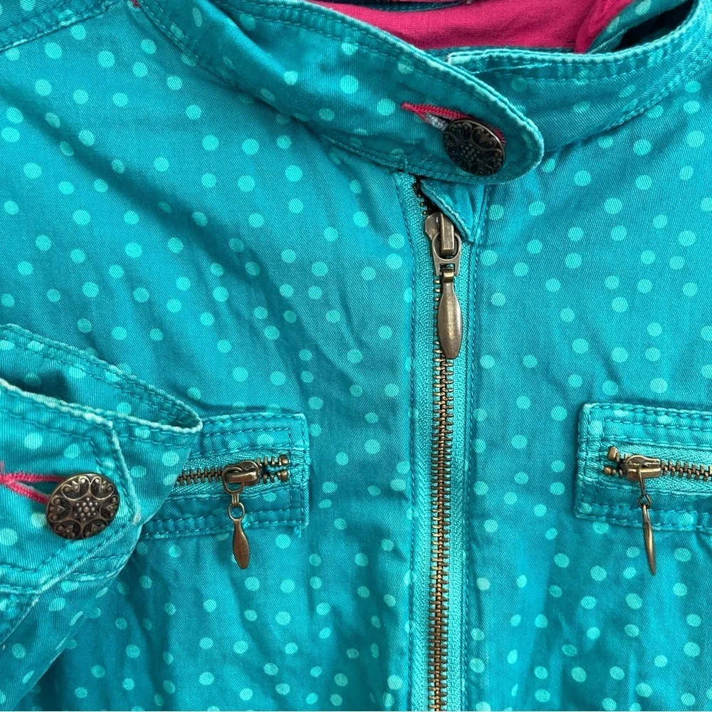Catimini Jacket Kids size 12 Teal Polka Dot Spring Jacket Pink Hood full zipper